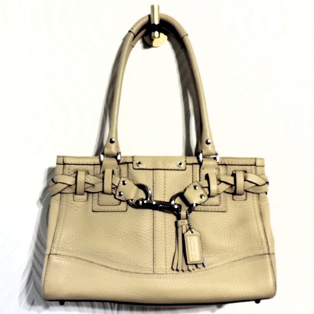 Coach Hampton Collection beige pebble leather satchel with braid & tassel NWOT